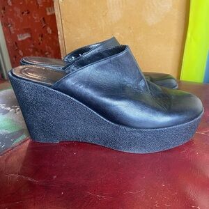 Robert Clergerie Black Leather Wedge Mules Size 9